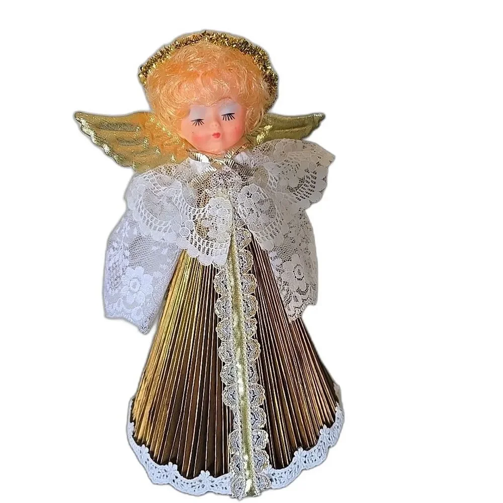 Vintage MCM Christmas Angel Felt Paper Centerpiece LaceGold Sequin Handmade 12